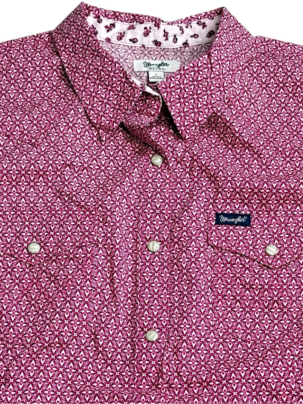 Wrangler Retro Western Pearl Snap Shirt Pink Print Long Sleeve Womens L Two Tone